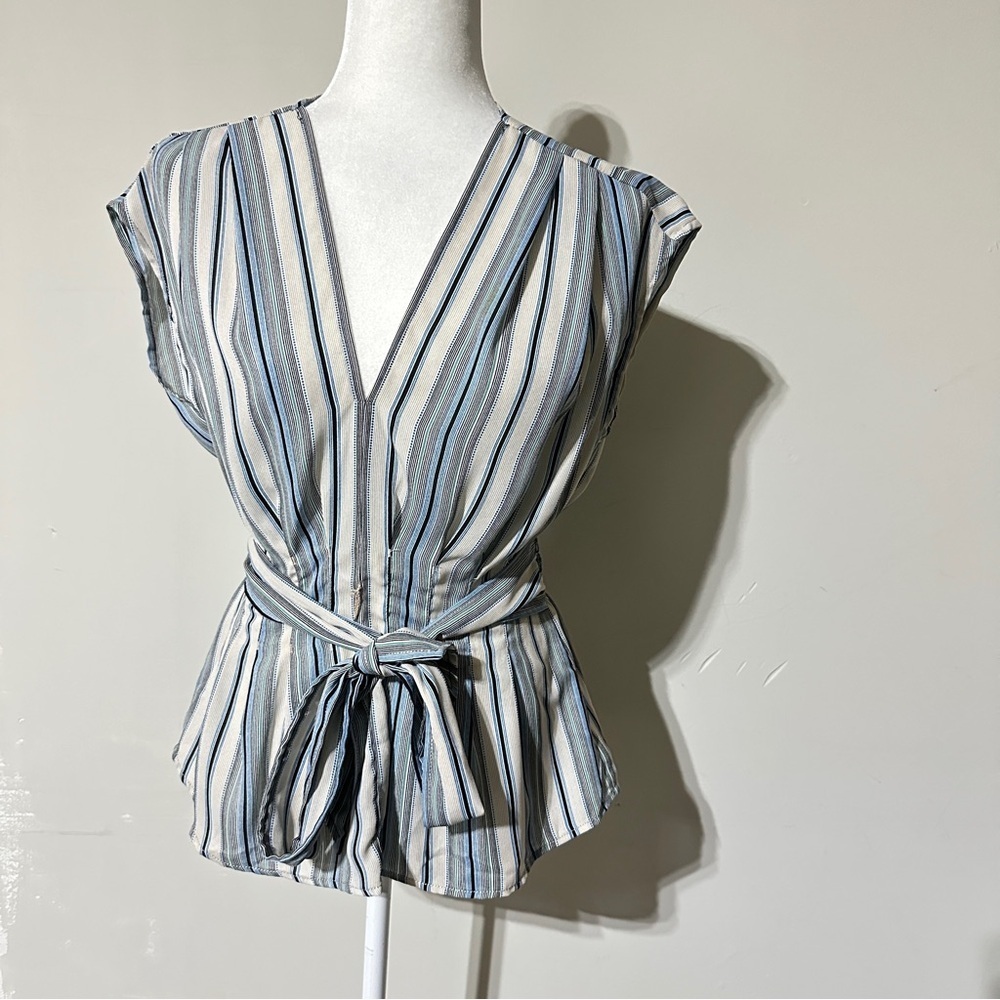 Max Studio Striped Cap Sleeve Blouse with Tie Waist – Blue Beige Vertical Print